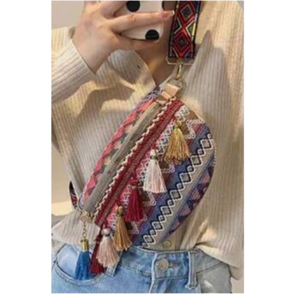 Western Multicolor Embroidered Tassel Detail Zip Up Sling Crossbody Bag